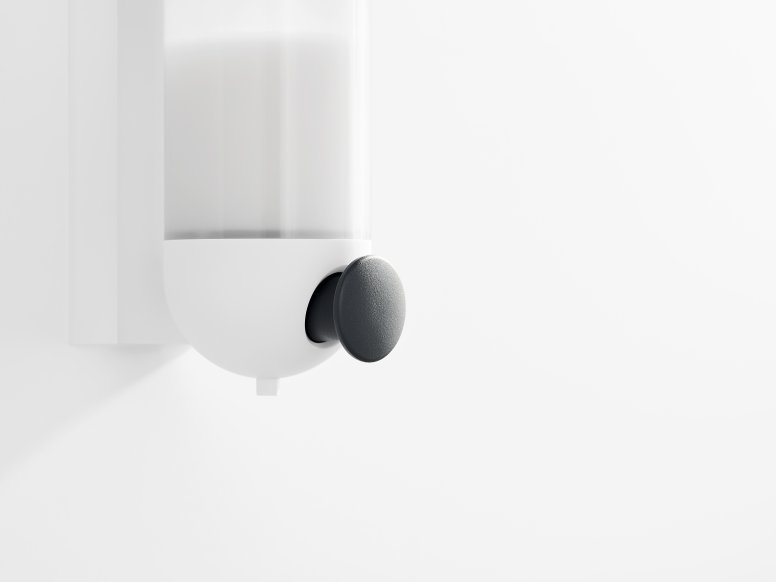 Soap dispenser in the colour signal white and push button in the colour anthracite made of polyamide