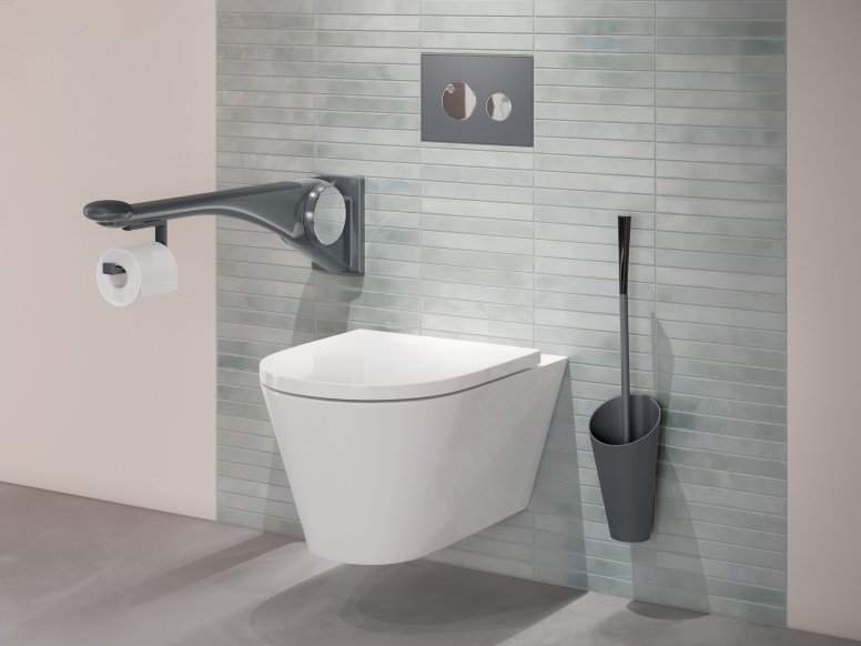 WC equipped with folding support handle and toilet brush in the colour anthracite matt