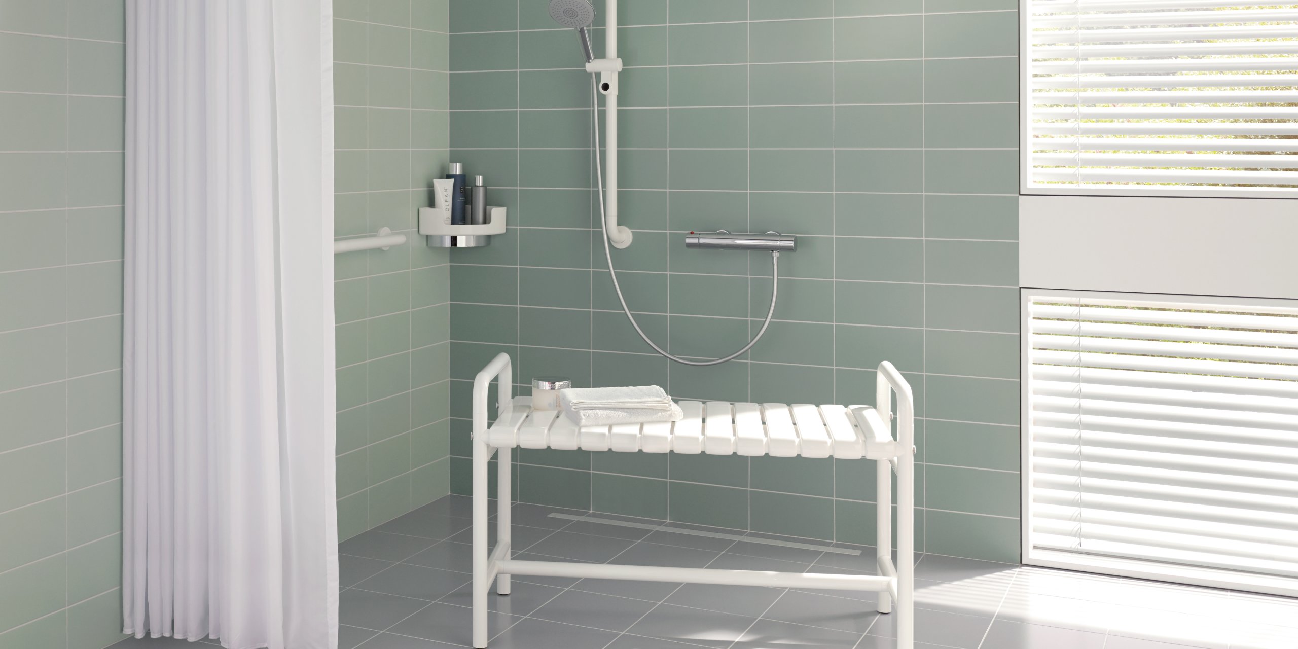 Obesity shower area with shower bench