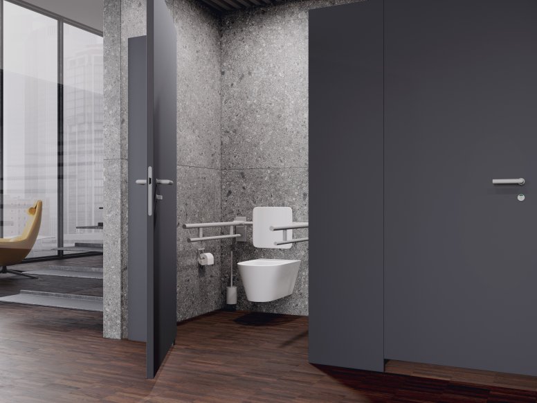 Public WC cubicle with back support and folding support handles in the colour signal white