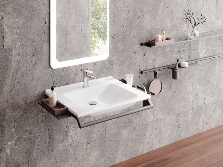 Modular washbasin with grab rail and shelves for bathroom utensils in dark grey matt stainless steel